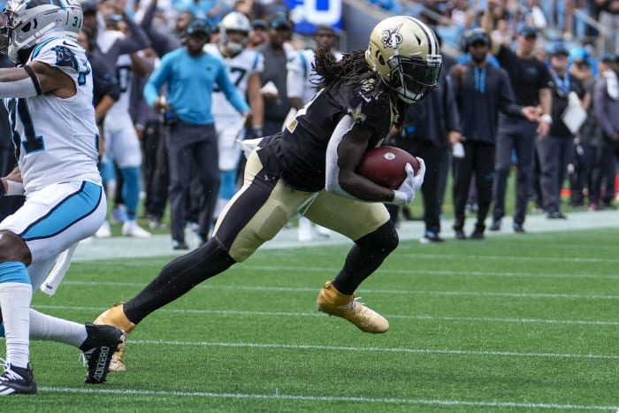 New Orleans Saints running back Alvin Kamara (41) against the Carolina Panthers. Mandatory Credit: Jim Dedmon-USA TODAY Sports